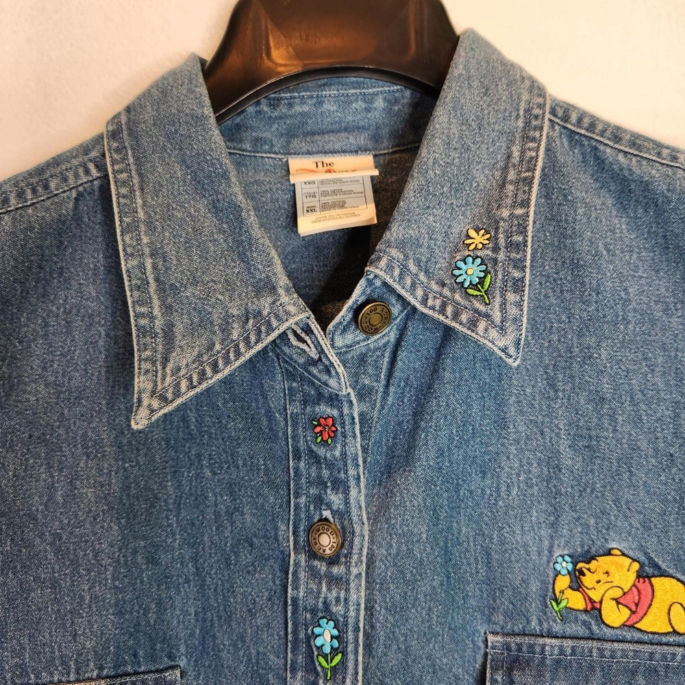 Disney Store Vintage 90s Winnie Pooh Piglet Embroidered Denim Shirt XXL